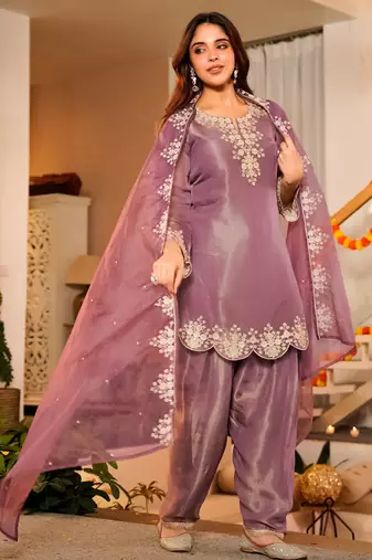 Onion pink frendy silk embroidery kurta patiala set with organza dupatta