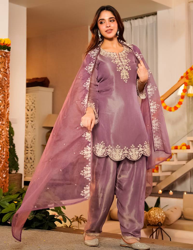 Onion pink frendy silk embroidery kurta patiala set with organza dupatta