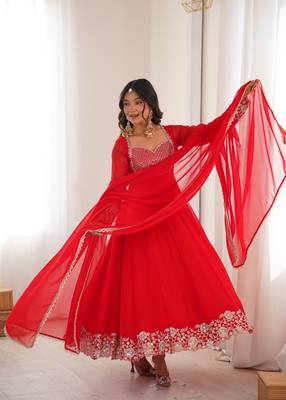 Red Embroidered Georgette Anarkali Suit Set with Pant and Dupatta 1