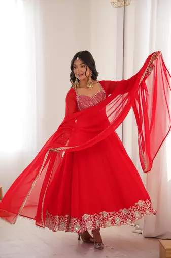 Red Embroidered Georgette Anarkali Suit Set with Pant and Dupatta