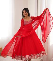 Red Embroidered Georgette Anarkali Suit Set with Pant and Dupatta