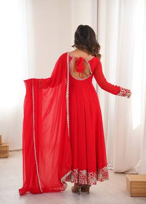 Red Embroidered Georgette Anarkali Suit Set with Pant and Dupatta 2