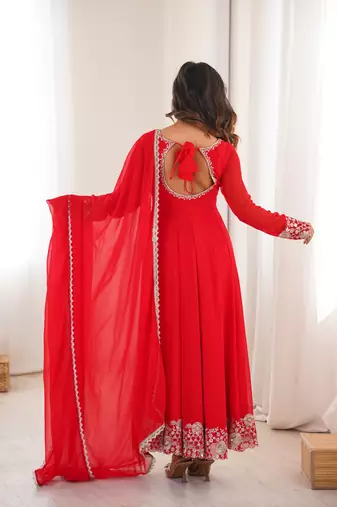 Red Embroidered Georgette Anarkali Suit Set with Pant and Dupatta