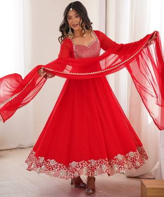 Red Embroidered Georgette Anarkali Suit Set with Pant and Dupatta 3