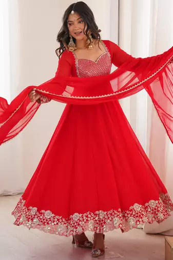 Red Embroidered Georgette Anarkali Suit Set with Pant and Dupatta