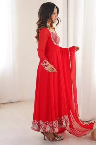 Red Embroidered Georgette Anarkali Suit Set with Pant and Dupatta
