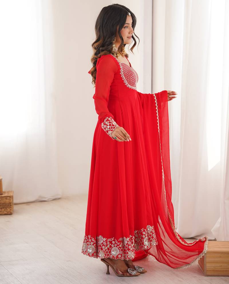 Red Embroidered Georgette Anarkali Suit Set with Pant and Dupatta