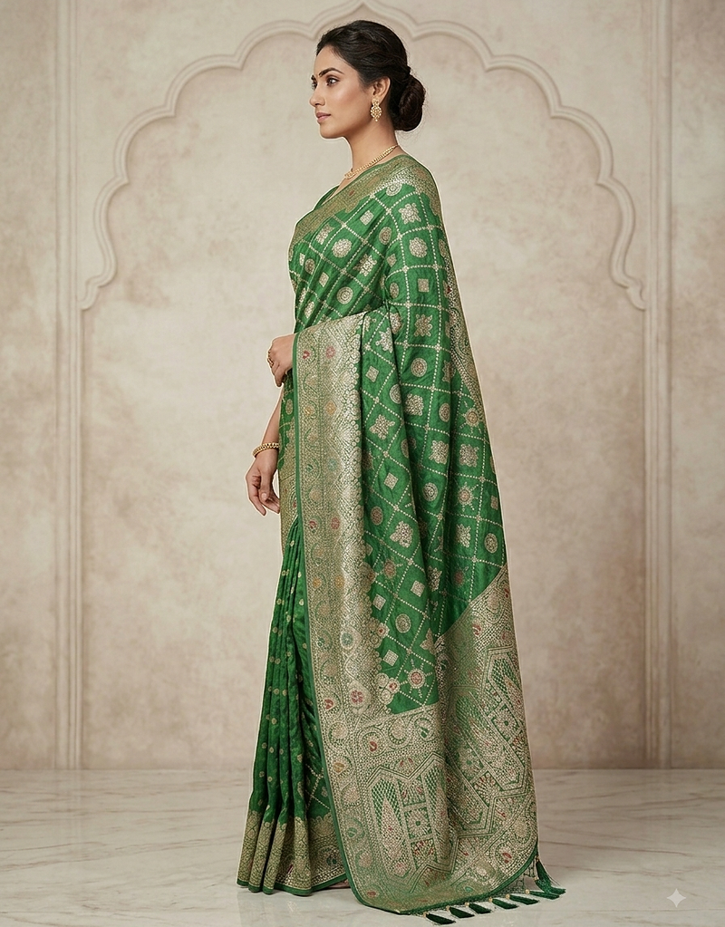 green silk bandhani saree 