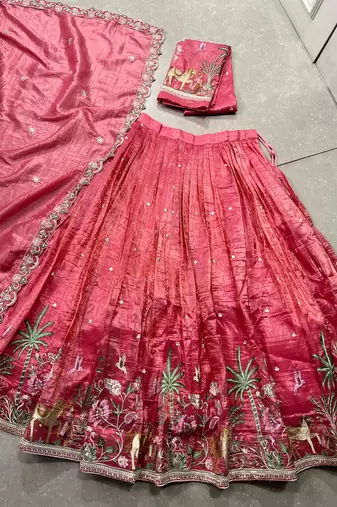 pink thread work silk lehenga choli