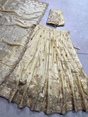off white Gold Crush With Sequins and Thread Embroidery Lehenga Choli 6