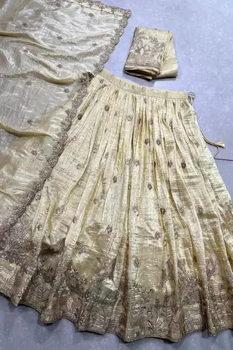 off white Gold Crush With Sequins and Thread Embroidery Lehenga Choli