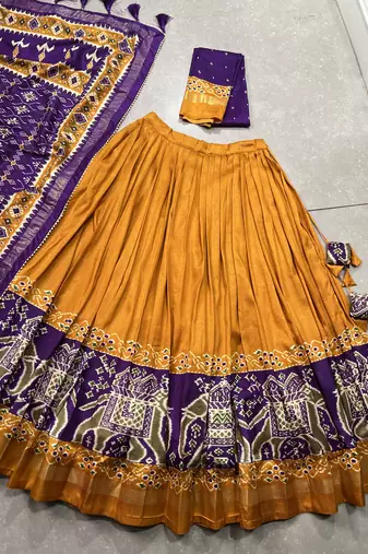 mustard tussar Silk Lehenga Choli with Patola Print & Foil Shine