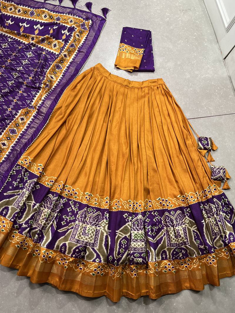 mustard tussar Silk Lehenga Choli with Patola Print & Foil Shine