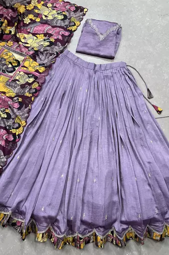 Lavender Charm in Vichitra Silk Sequins Embroidery with Kalamkari Border
