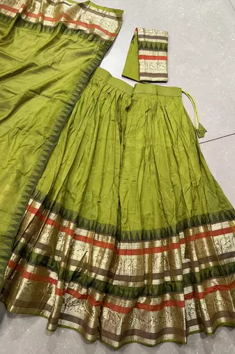 Green Chanderi Plain Chaniya Choli with Rich Zari Weaving - Full Stitched Free Size
