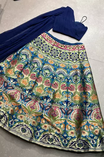Navy Blue Banarasi Silk Zari Woven Lehenga Choli