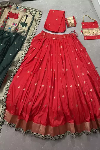red jacquard silk blend chaniya choli with zari 