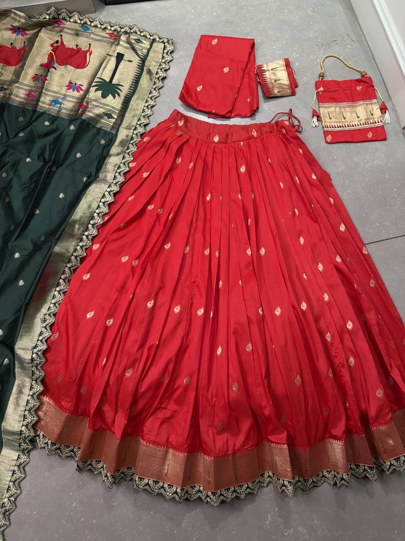 red jacquard silk blend chaniya choli with zari 