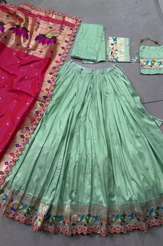 green jacquard silk chaniya choli with zari work