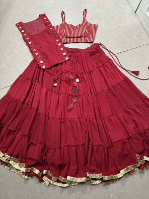 red marble fabric mirror work navratri lehenga with koti  5