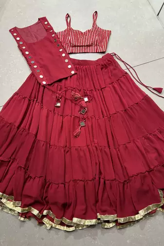 Premium Marble Fabric Navratri Lehenga Set with Real Mirror Work Koti- Full stitched free size