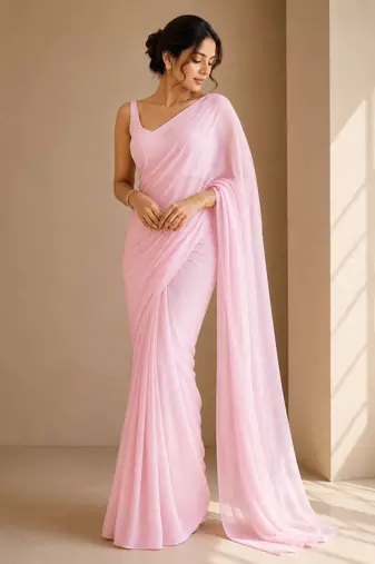 Baby pink ready to drape saree with unstitched blouse