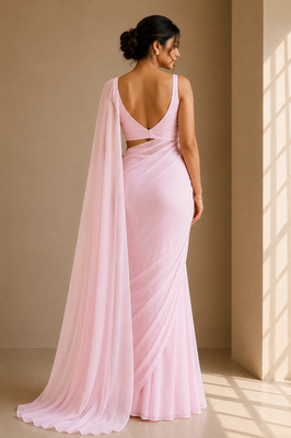 Baby pink ready to drape saree with unstitched blouse 2