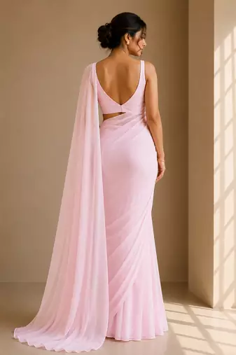 Baby pink ready to drape saree with unstitched blouse