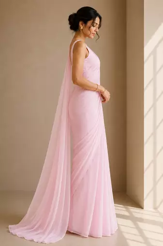 Baby pink ready to drape saree with unstitched blouse
