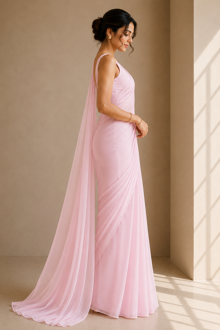 Baby pink ready to drape saree with unstitched blouse