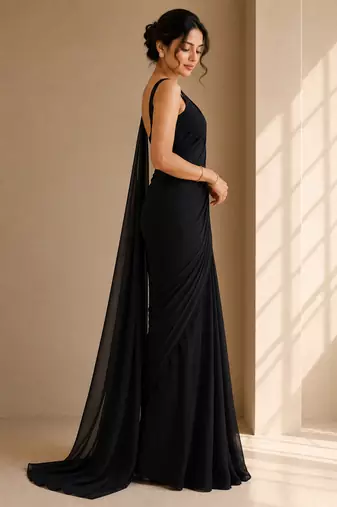 Black ready to drape saree with unstitched blouse