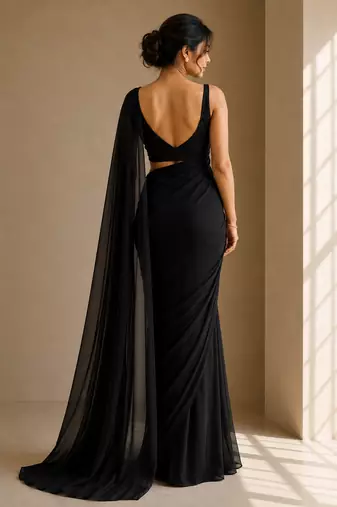 Black ready to drape saree with unstitched blouse