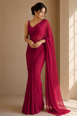 Cherry maroon ready to drape saree with unstitched blouse 1