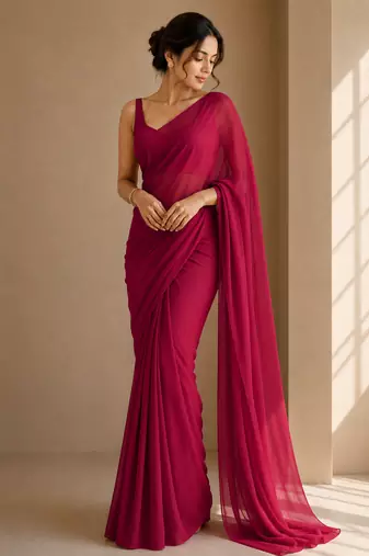 Cherry maroon ready to drape saree with unstitched blouse
