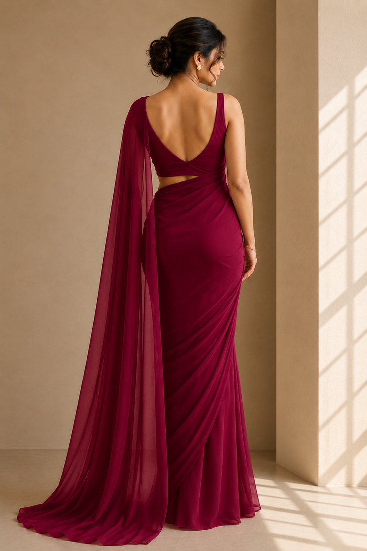 Cherry maroon ready to drape saree with unstitched blouse