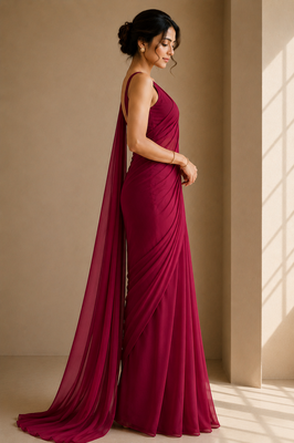 Cherry maroon ready to drape saree with unstitched blouse 3