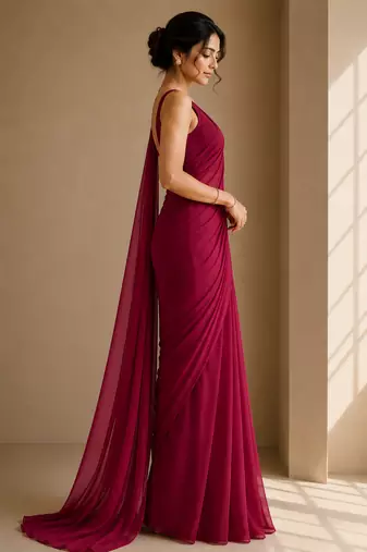 Cherry maroon ready to drape saree with unstitched blouse
