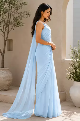 Powder blue ready to drape saree with unstitched blouse