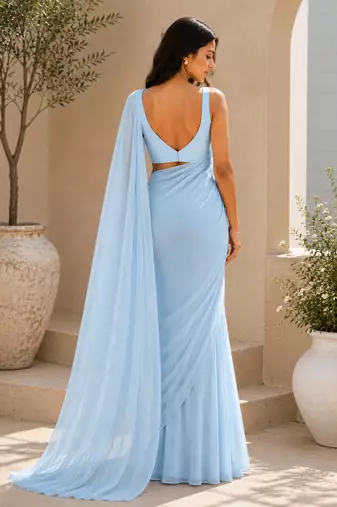 Powder blue ready to drape saree with unstitched blouse