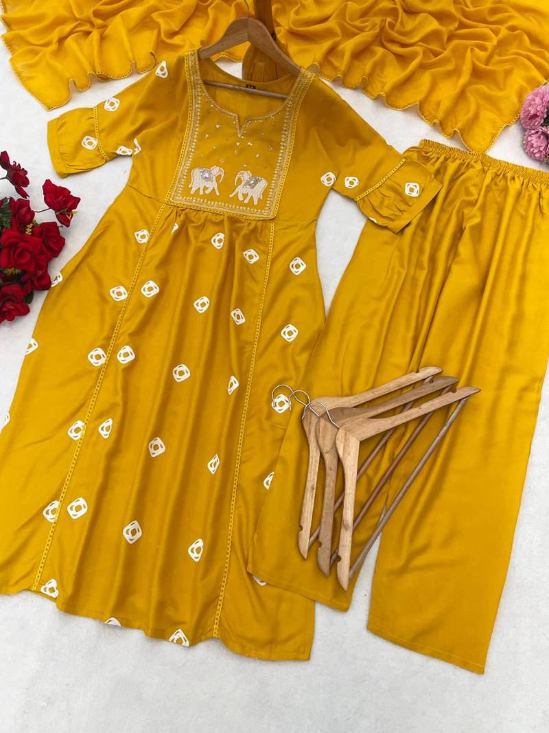 elephant embroidery bandhani kurti set with dupatta