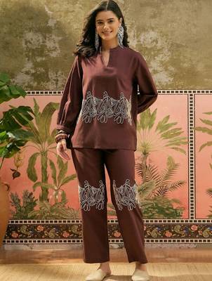 Brown embroidered pure cotton straight co-ord set 1