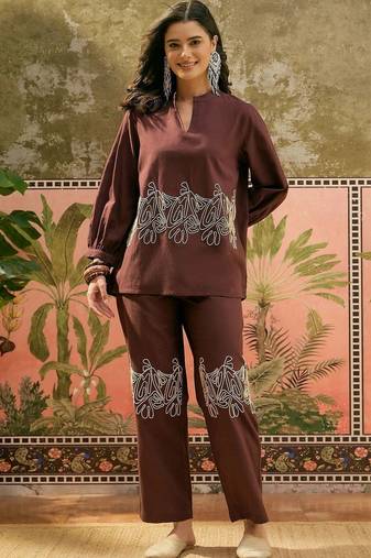 Brown embroidered pure cotton straight co-ord set
