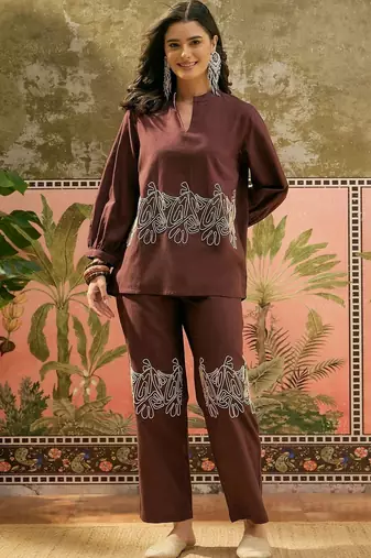 Brown embroidered pure cotton straight co-ord set