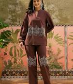 Brown embroidered pure cotton straight co-ord set
