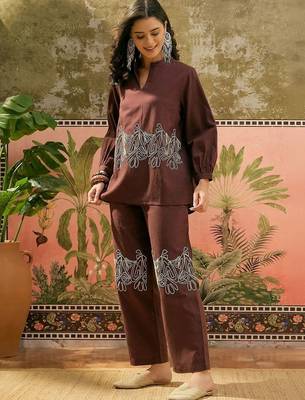 Brown embroidered pure cotton straight co-ord set 2