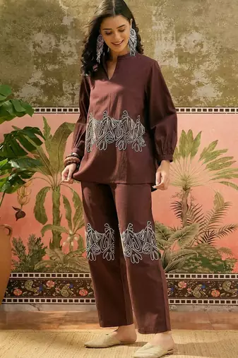 Brown embroidered pure cotton straight co-ord set