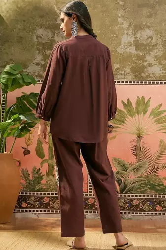 Brown embroidered pure cotton straight co-ord set