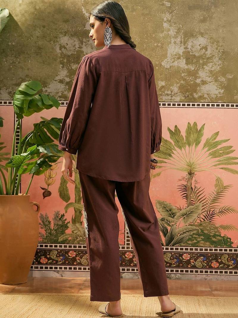 Brown embroidered pure cotton straight co-ord set