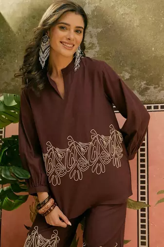 Brown embroidered pure cotton straight co-ord set