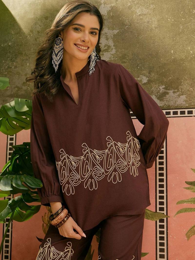 Brown embroidered pure cotton straight co-ord set